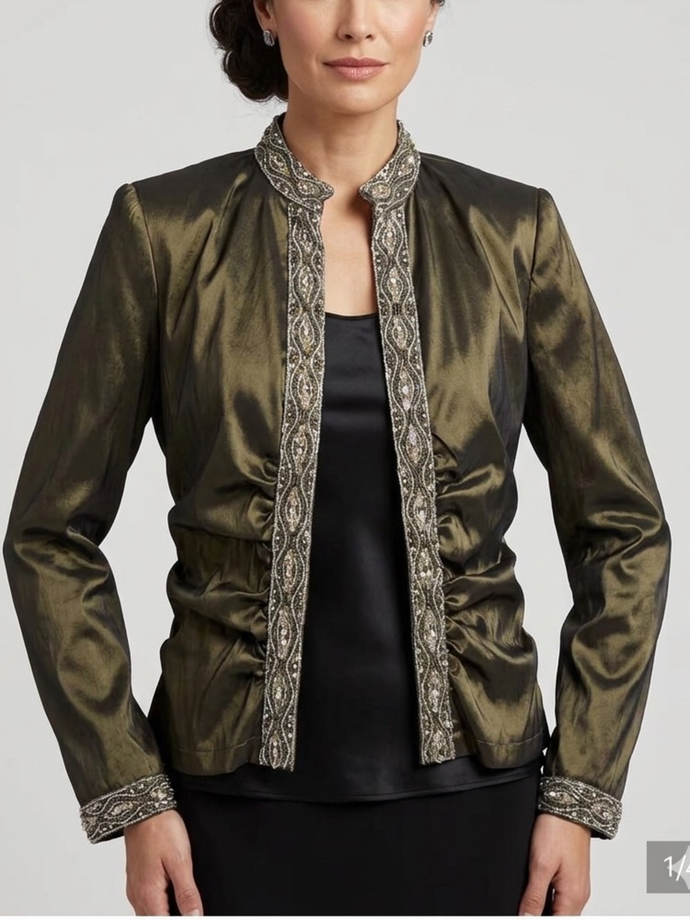 Tadashi  Olive Green Satin Beaded-Trim Jacket formal party wedding Bollywood
